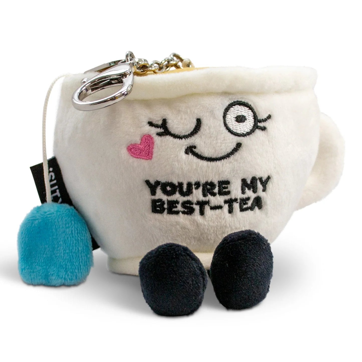 You’re My Best-Tea plush teacup bag charm with dangling tea bag on white background