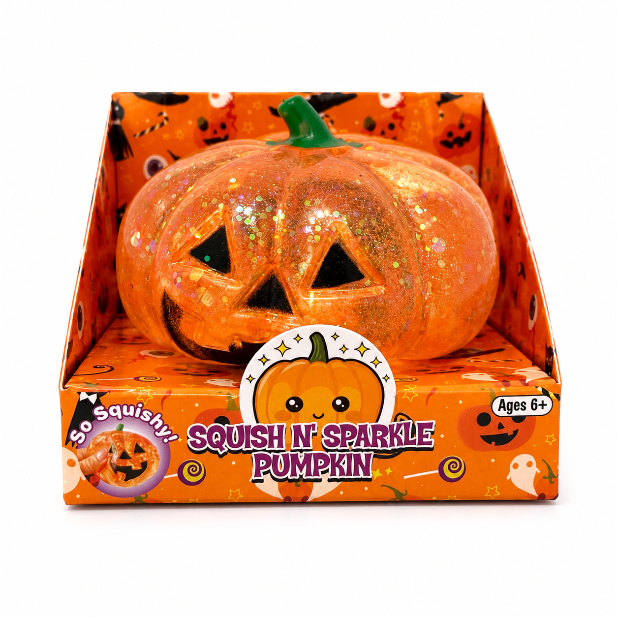 Zorbitz Squish N' Sparkle Pumpkin in Halloween packaging