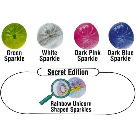 Sparkle Dumplin' squishy styles: green, white, dark pink, and dark blue sparkle, plus the Secret Edition rainbow unicorn-shaped sparkles