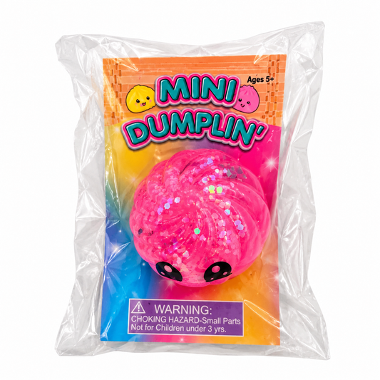 Bagged pink glitter Mini Dumplin' squishy in clear packaging with a Mini Dumplin' header card