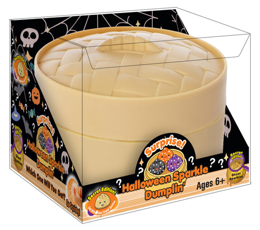 Zorbitz Surprise Halloween Sparkle Dumplin' mystery squishy in a clear box with a tan bamboo steamer-style case and spooky black Halloween packaging