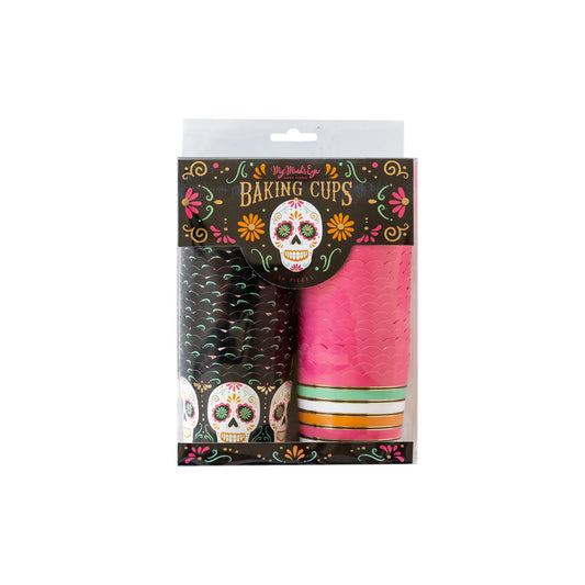Gold foil sugar skull baking cups for Day of the Dead, box of 50