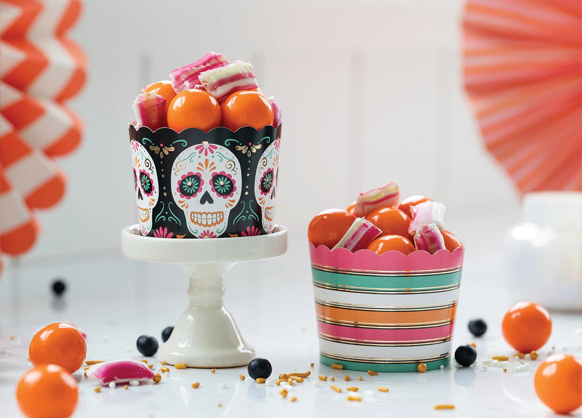 Gold foil sugar skull baking cups, view 3