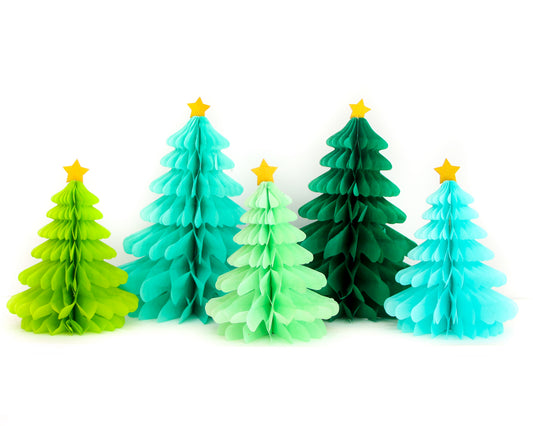 Set of 5 green, blue and mint honeycomb tissue paper Christmas trees with gold glitter star picks