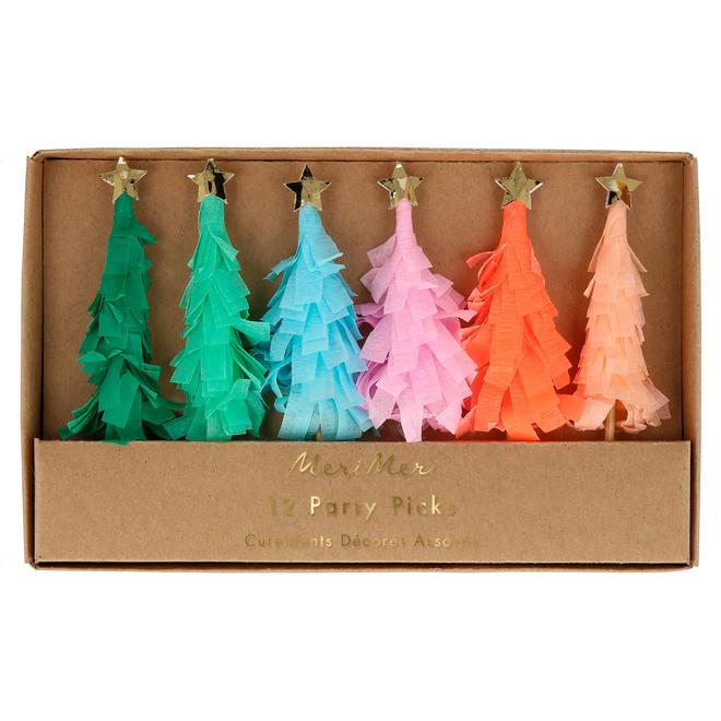 Meri Meri rainbow fringed crepe paper Christmas tree party picks with gold foil stars, pack of 12