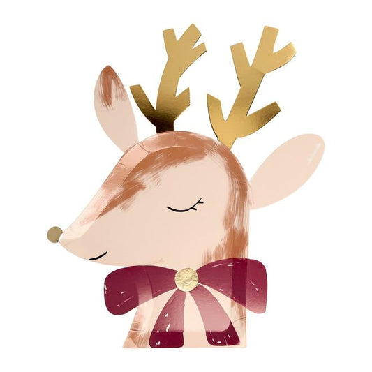 Meri Meri reindeer with bow gold foil Christmas party plates, pack of 8