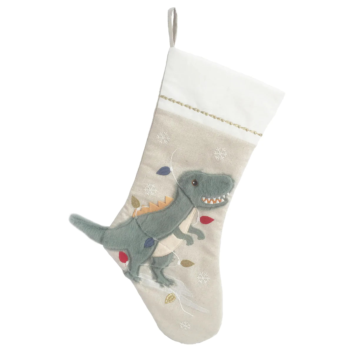 Mon Ami festive dino Christmas stocking with a 3D dino tail, 21 inches