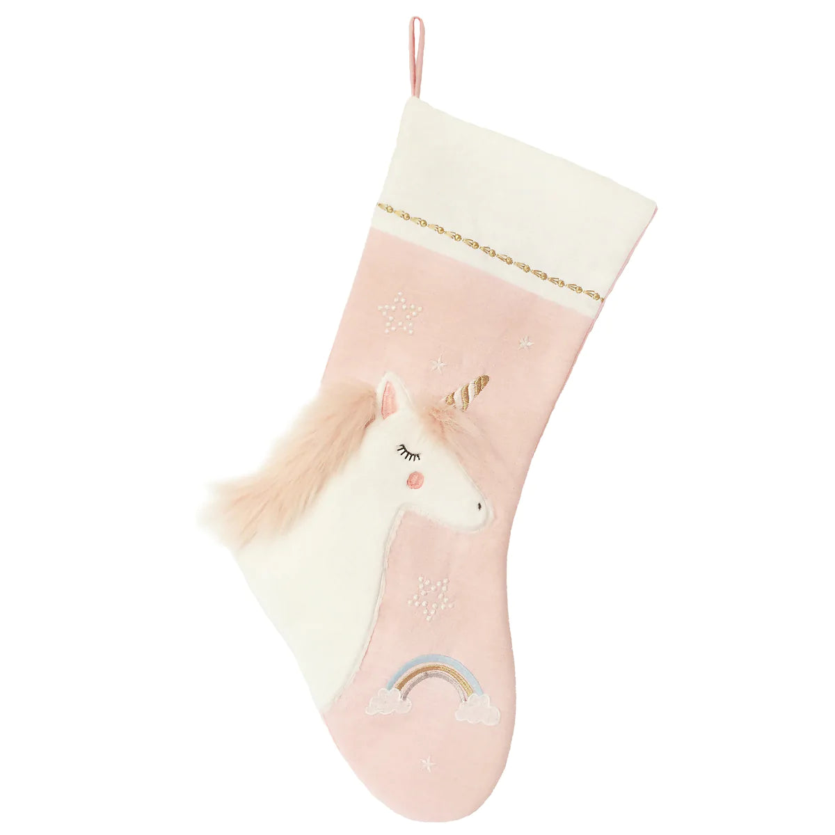 Mon Ami pink linen Christmas stocking with an appliqued unicorn, 21 inches