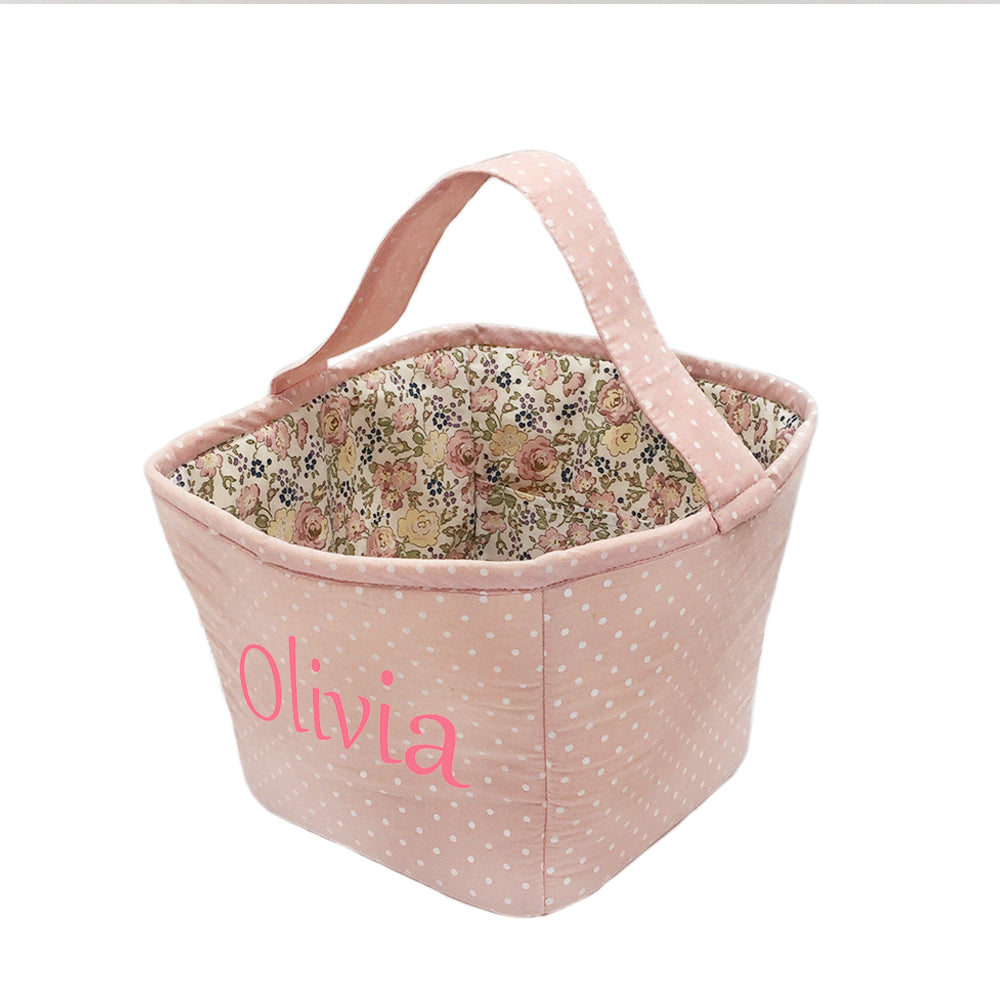 Mon Ami pink polka dot fabric storage basket caddy with French floral liner