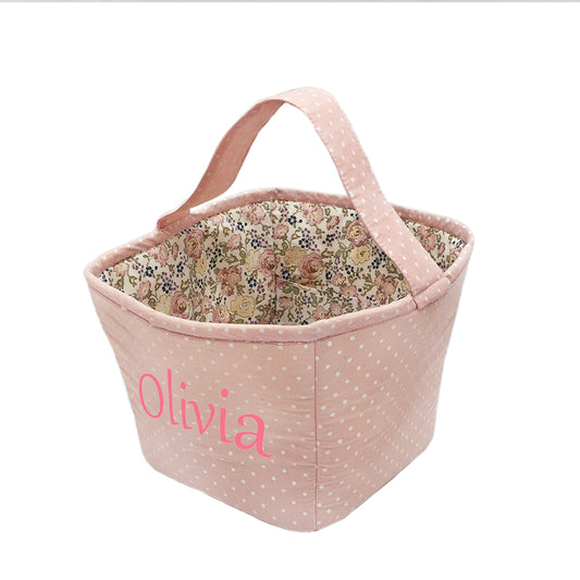 Mon Ami pink polka dot fabric storage basket caddy with French floral liner