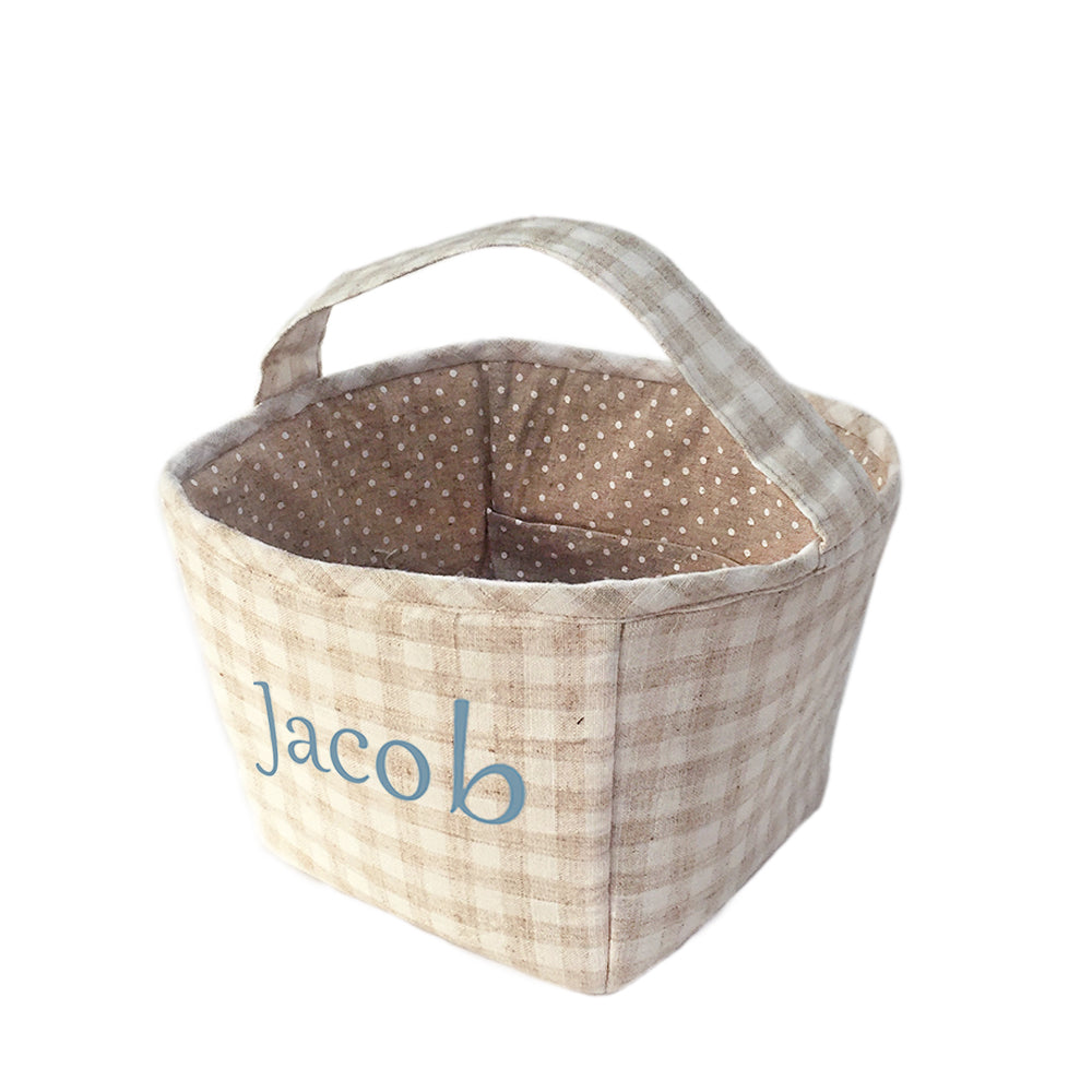 Mon Ami tan gingham fabric storage basket caddy with pin dot liner