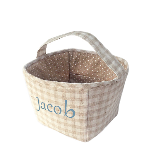 Mon Ami tan gingham fabric storage basket caddy with pin dot liner