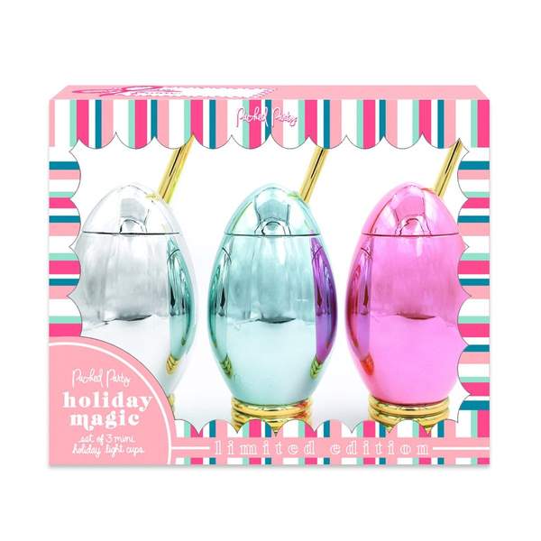 Packed Party mini holiday light sippers in merry mint, sparkly silver and peppermint pink