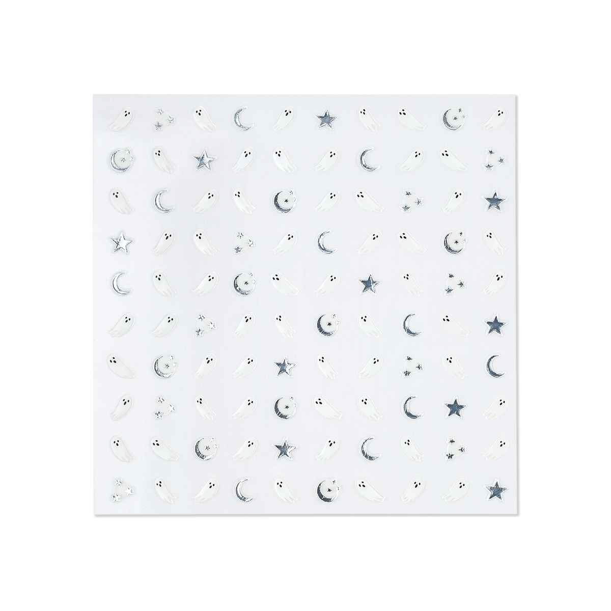 Sheet of 100 Spooked ghost Halloween nail stickers with holographic silver foil